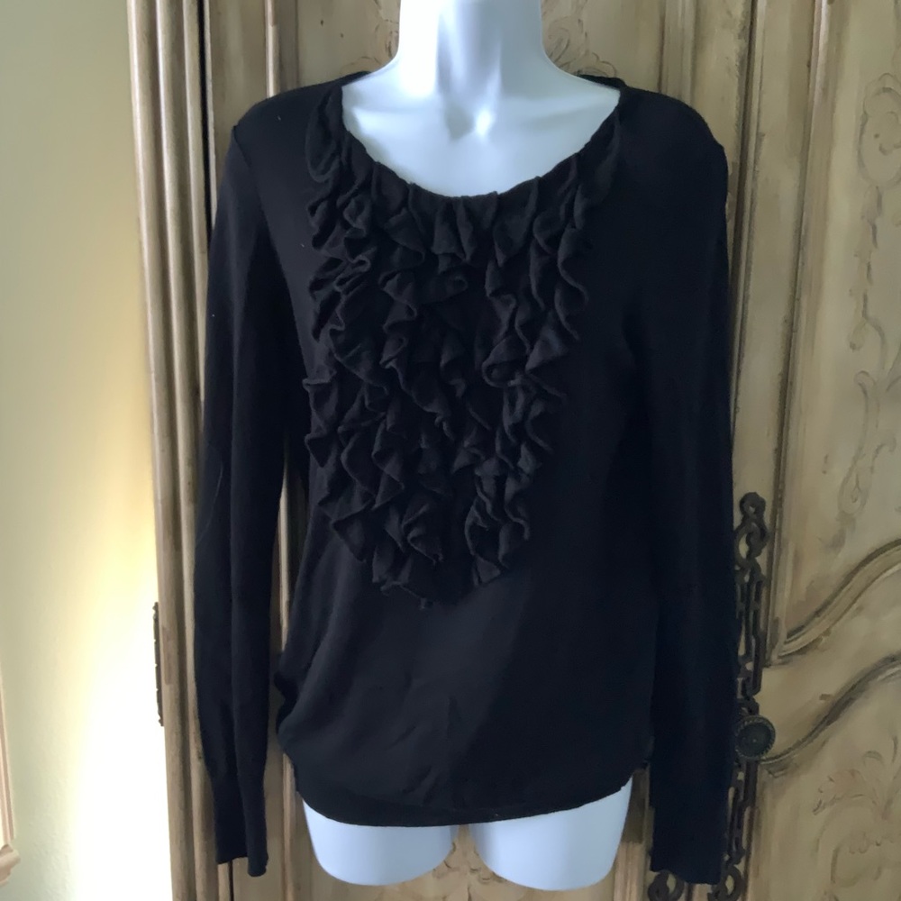 Ann Taylor Black Lightweight Sweater Ruffle Front Scoop Neck Soft Knit Small